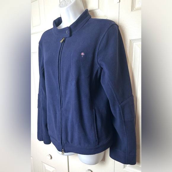 LILLY PULITZER Fleece Jacket Coat Navy Blue Pink Palm Tree Pockets Elbow Patch - Picture 2 of 16
